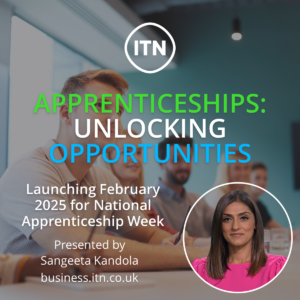 Apprenticeships: Unlocking Opportunities text with photo of presenter Sangeeta Kandola