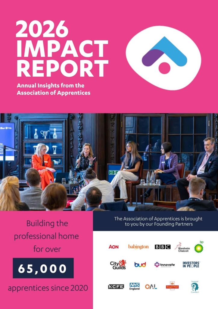 Cover of the Association of Apprentices 2026 Impact Report, highlighting support for over 65,000 apprentices since 2020 and featuring a panel discussion alongside founding partner logos.